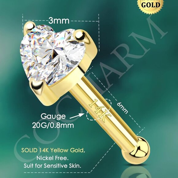 14k Solid Gold Heart and Star Nose Stud 20g Hypoallergenic Jewelry - Picture 3 of 6